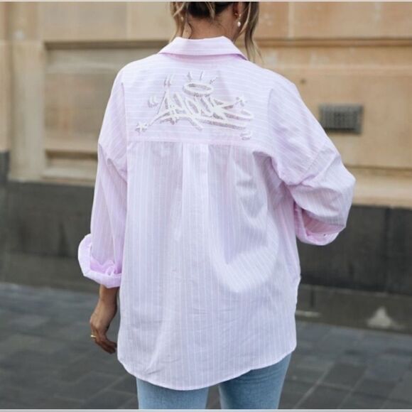 Zadig & Voltaire Tamara Pop Raye Beaded pink oxford Button-Up Shirt NWT large - Picture 6 of 8